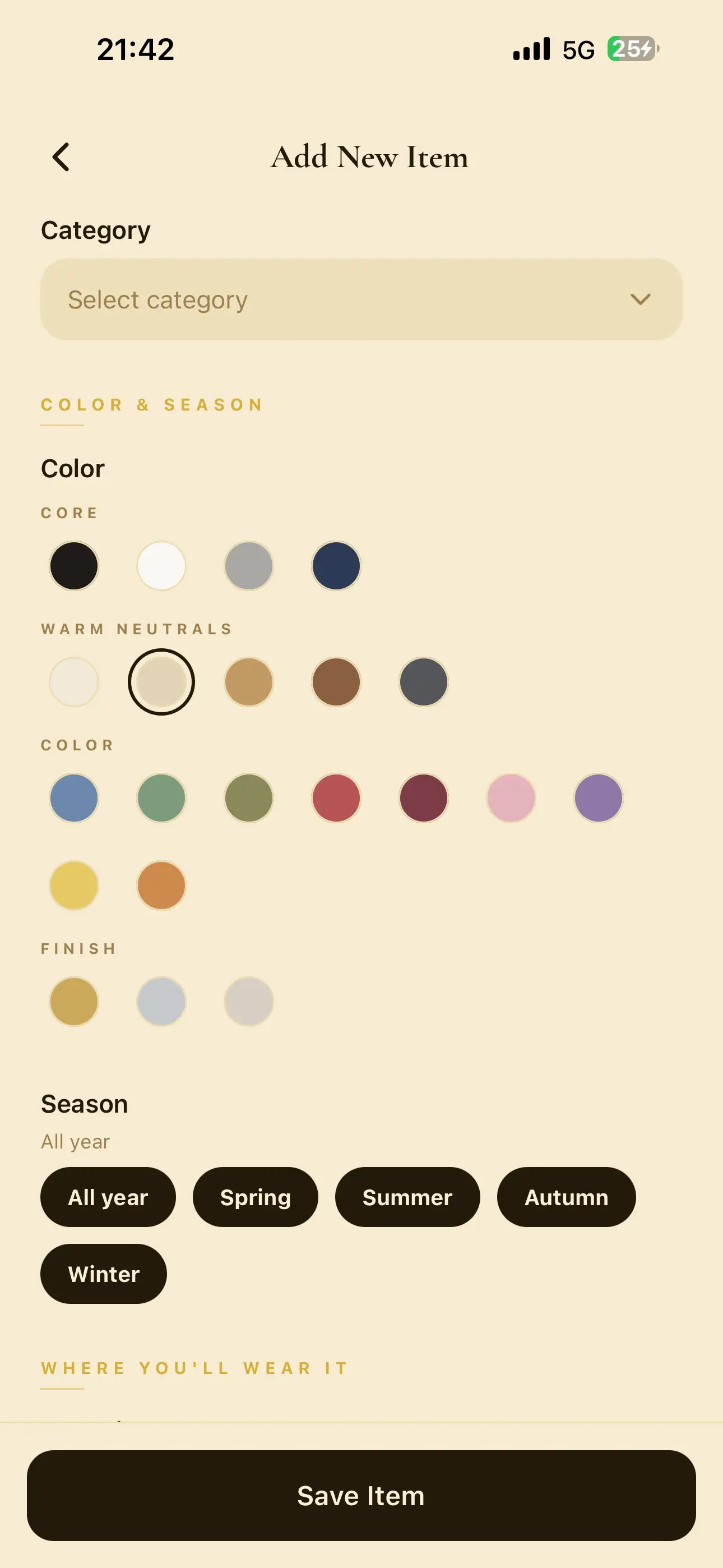 Add New Item — colour and season, read from the photo.