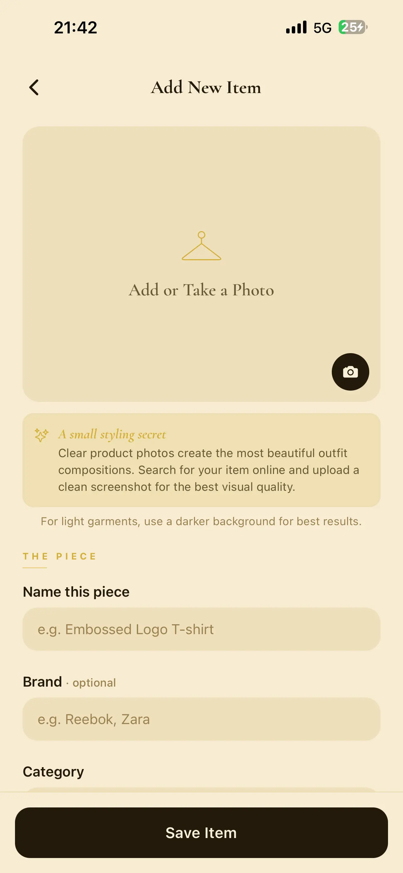 Add New Item — photograph the piece or upload a clean product photo.