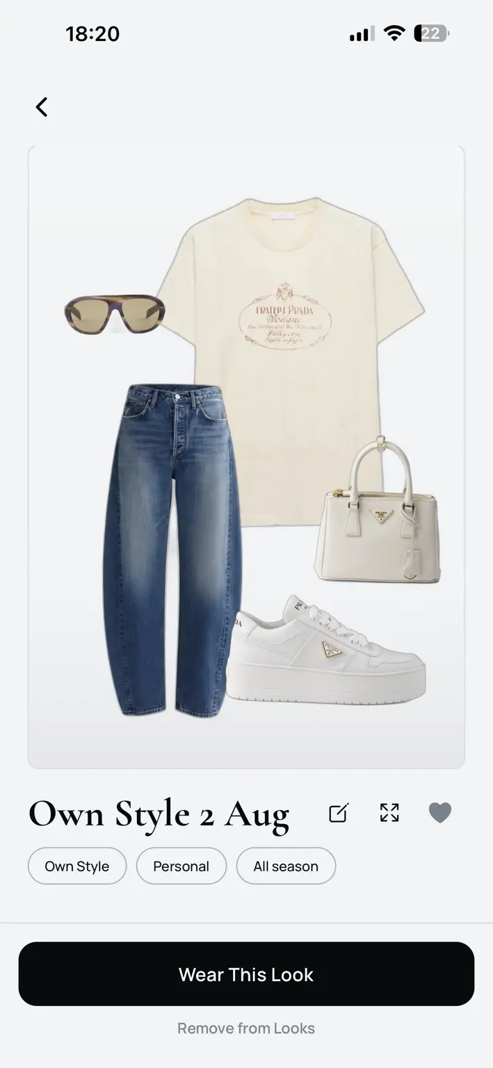 A completed Own Style look composed from a T-shirt, jeans, sneakers, sunglasses, and a bag.