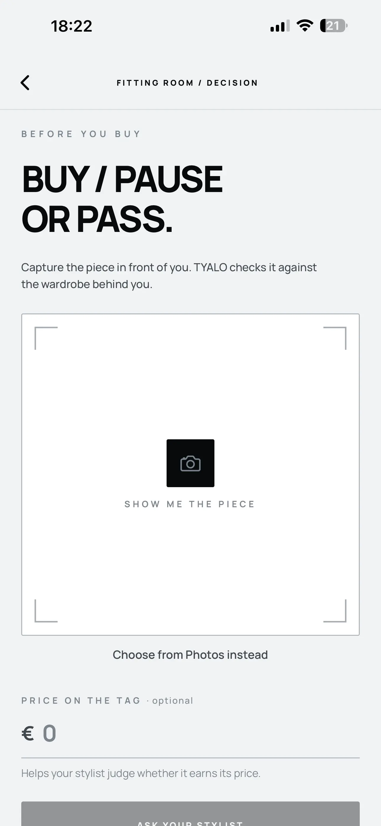 TYALO Fitting Room screen inviting the user to photograph a piece before choosing to buy, pause, or pass.