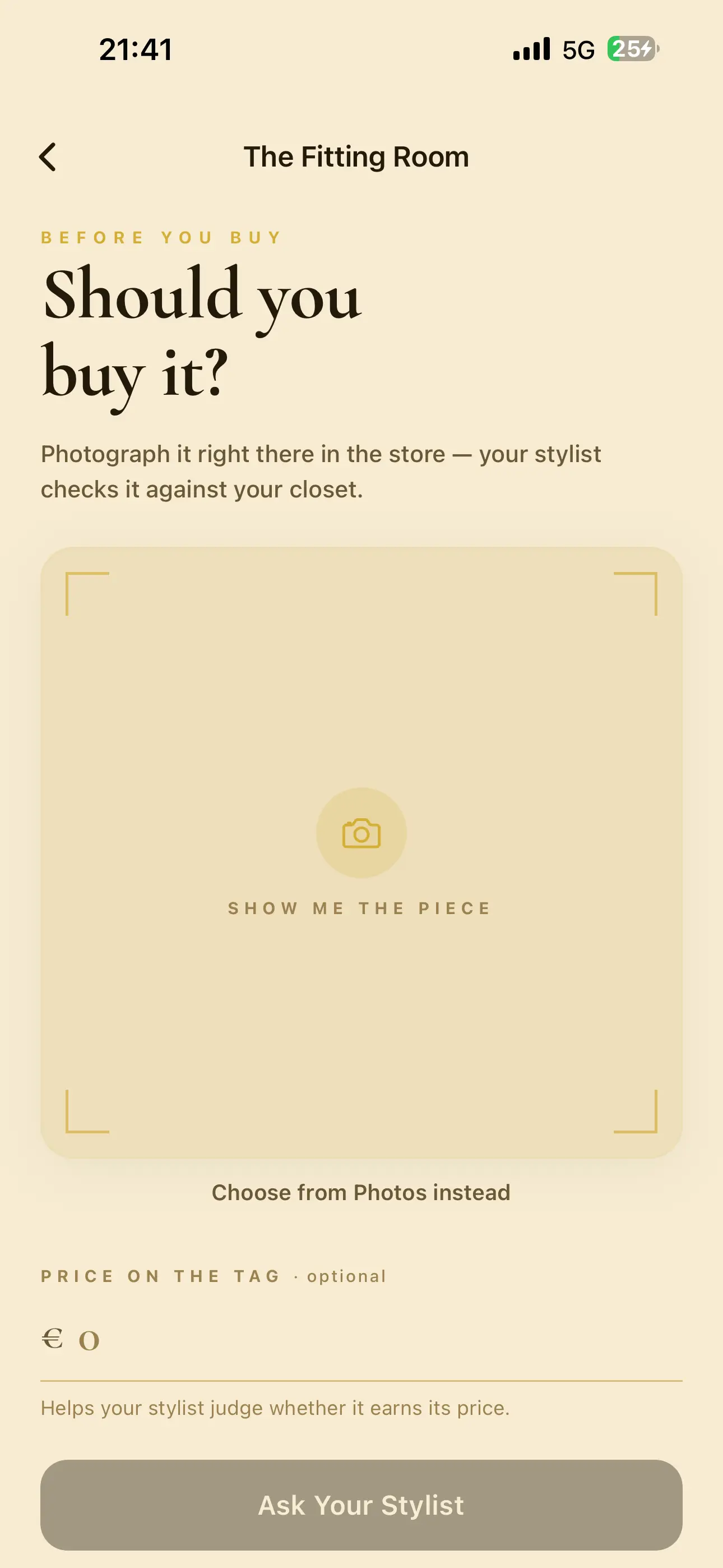 The Fitting Room screen asking whether a photographed piece is worth buying.