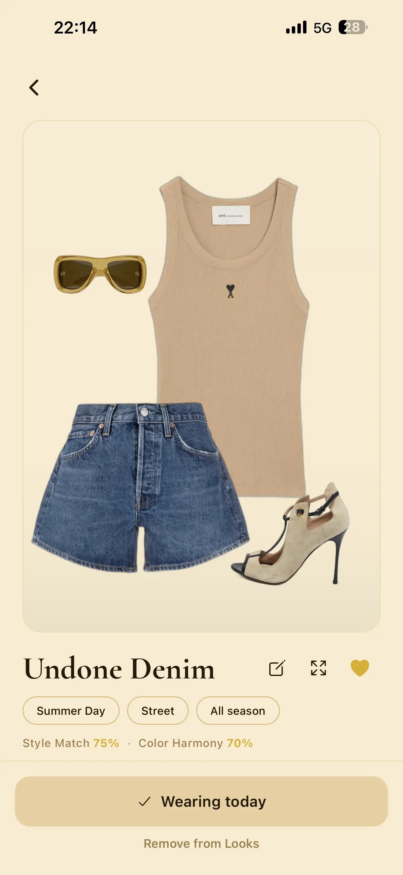 A finished TYALO look named Undone Denim — tank, denim shorts, heels and sunglasses laid out as one composition.