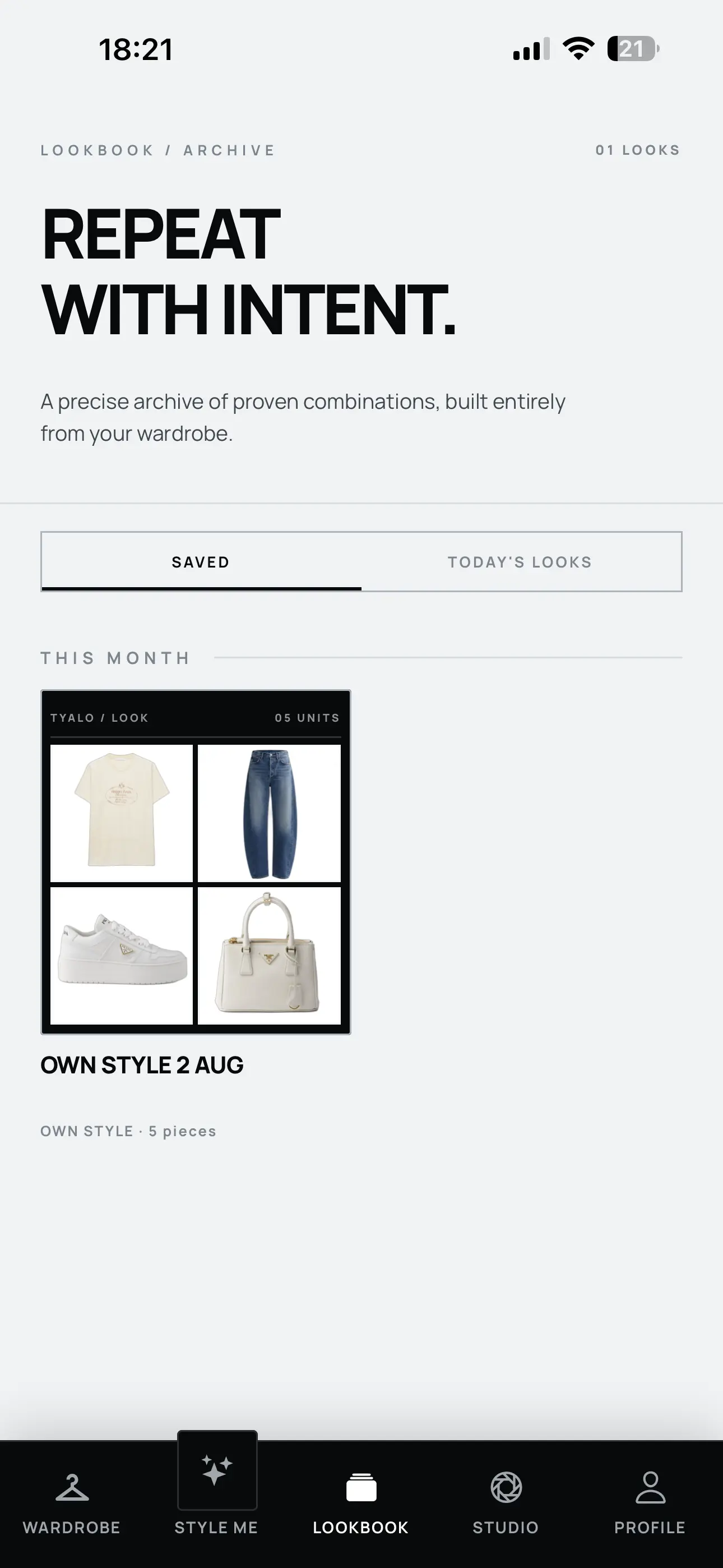 TYALO Lookbook screen showing a saved Own Style look in the archive.