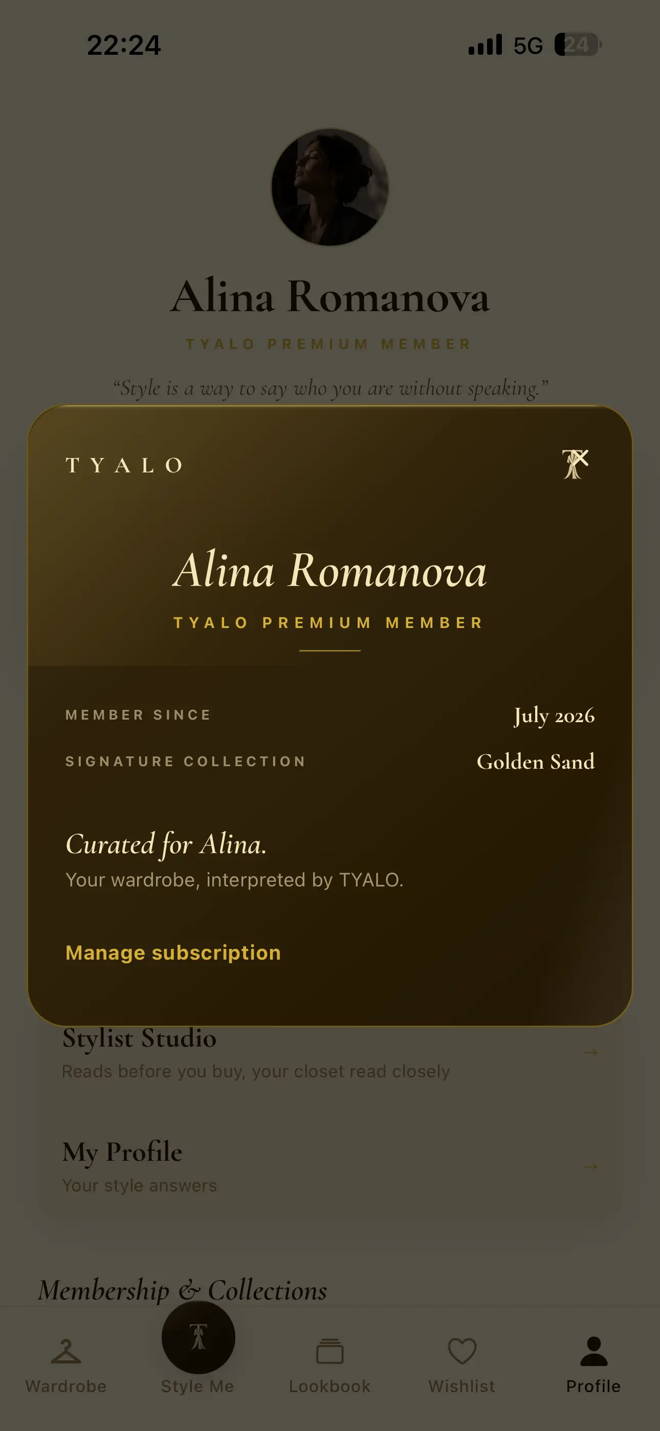 The TYALO Premium membership card, curated in Golden Sand.