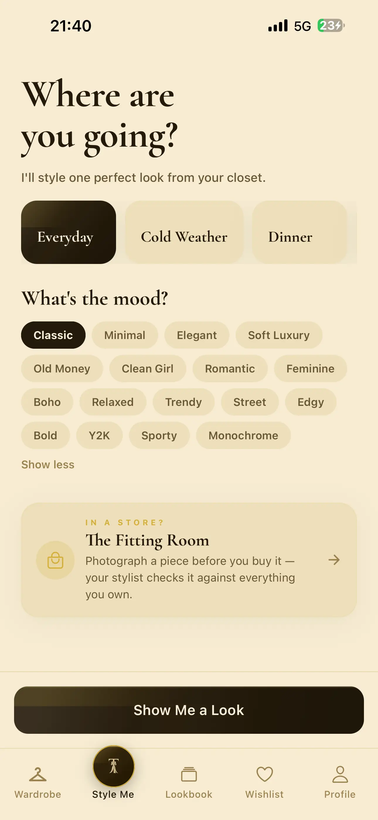TYALO's Style Me screen, choosing an occasion and a mood before it composes a look.