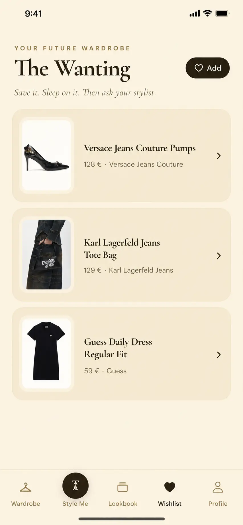 The Wanting — saved pieces waiting for a decision: Versace pumps, a Karl Lagerfeld tote, a Guess dress.