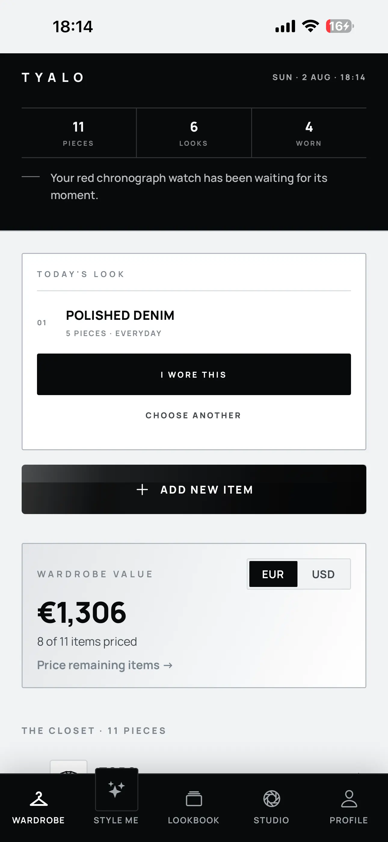 TYALO wardrobe dashboard showing piece, look and worn counts, today's look, Add New Item, and wardrobe value.