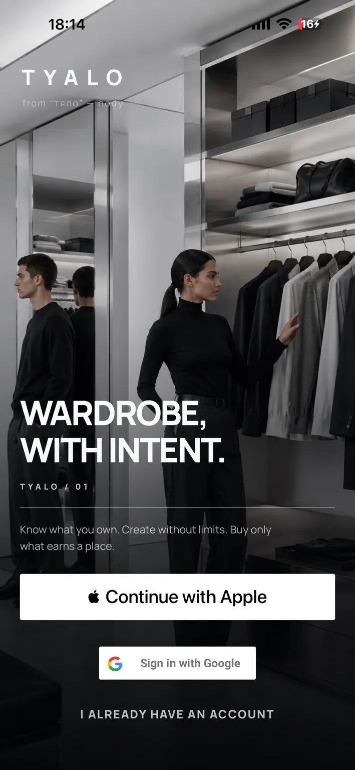 TYALO welcome screen with the Wardrobe, with intent message and Apple and Google sign-in options.